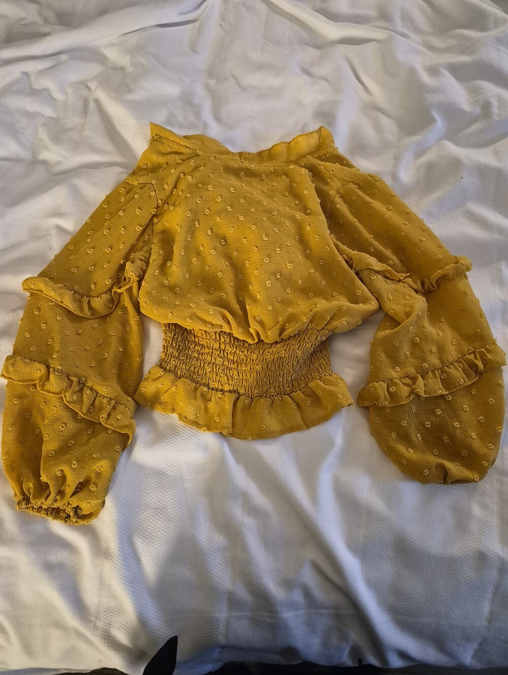 Chelsea & Violet Mustard Ruffle Swiss Dot Smocked Waist Blouse - Picture 7 of 7